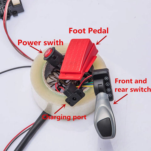12V Wiring Harness With 2.4G Remote Control Circuit Board Switch Pedal Wires Overload Protector For Kids Electric Ride On Cars Complete Accessory Set No Gearbox Or Battery Included showing switches and pedal setup