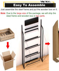 4 Tier Beefy Walnut Look Steel Frame Storage Rack Rock Solid Heavy Duty Floor Shelf for Kitchen Garden assembly instructions with wooden box and packaging.