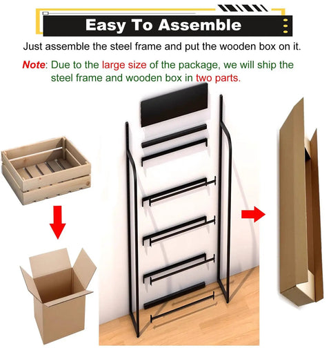 4 Tier Beefy Walnut Look Steel Frame Storage Rack Rock Solid Heavy Duty Floor Shelf for Kitchen Garden assembly instructions with wooden box and packaging.