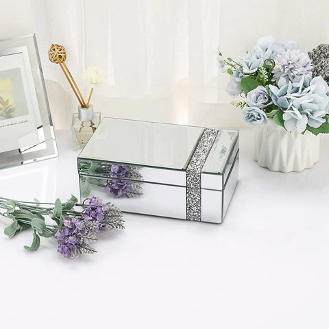 Lux Glass Mirrored Jewelry Box With Crushed Diamonds Strip Decor And Blinged Out Sparkle Accent Storage on a table