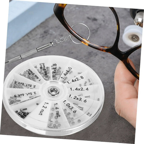 Eyeglass Repair Kit With Screws And Precision Screwdriver For Glasses Sunglasses And Watches The All In One Tool For Easy Quick Fixes At Home Or On The Go, round container with screws and screwdriver shown next to eyeglasses being repaired.