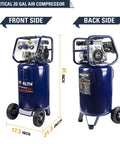 Heavy Duty 20 Gallon Ultra Quiet Air Compressor 1.8 HP Oil Free Pump Peak 150 PSI 5.5 CFM At 40 PSI standing view showing front and back sides.