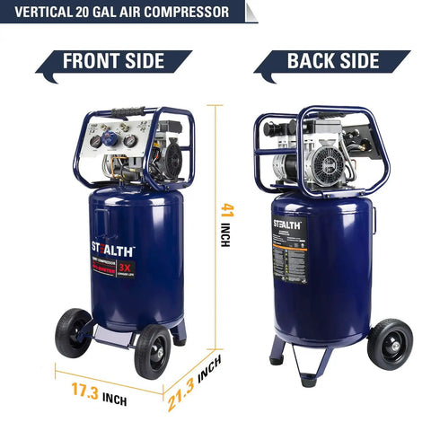 Heavy Duty 20 Gallon Ultra Quiet Air Compressor 1.8 HP Oil Free Pump Peak 150 PSI 5.5 CFM At 40 PSI standing view showing front and back sides.