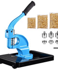 Grommet Tool Kit Beefy Heavy Duty Set With 3 Die Hand Press Grommet Machine Rolling Base 1/2 Inch 3/8 Inch 1/4 Inch Eyelets And Washers 900 Grommets For Fabric Tarps Banners Prints YES0389 shown with blue hand press and grommets