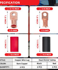 Heavy Duty Copper Wire Ring Terminals Kit For 1/0 Gauge Cables Including 3/8 Inch And 5/16 Inch Lugs With 12 Pieces Heat Shrink Tubing