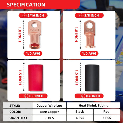 Heavy Duty Copper Wire Ring Terminals Kit For 1/0 Gauge Cables Including 3/8 Inch And 5/16 Inch Lugs With 12 Pieces Heat Shrink Tubing
