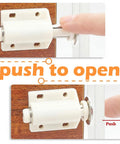 10 Pack Magnetic Touch Latch Set For Push To Open Cabinet Doors, white latch being pressed to open a wooden cabinet door