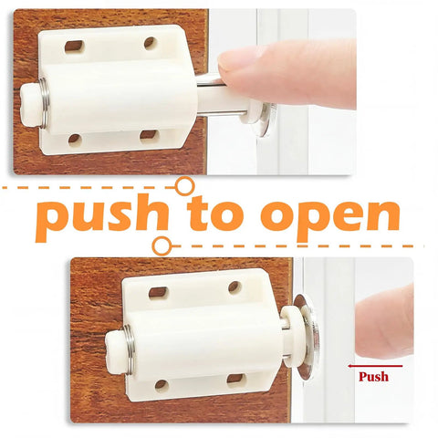 10 Pack Magnetic Touch Latch Set For Push To Open Cabinet Doors, white latch being pressed to open a wooden cabinet door