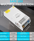 Beefy 24V DC Power Supply 62.5A 1500W 110V AC To 24V Converter Dual Output SMPS shown with specifications and dimensions.