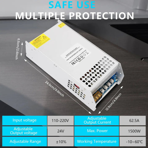 Beefy 24V DC Power Supply 62.5A 1500W 110V AC To 24V Converter Dual Output SMPS shown with specifications and dimensions.