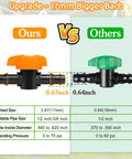 Comparison of 12 Pack Drip Irrigation Barbed Shut Off Valves, showing size differences between 0.67-inch and 0.64-inch barbs.