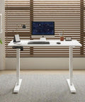 55 Inch Electric Height Adjustable Standing Desk Ultra Quiet Sit To Stand Work Table with computer and lamp in bright room