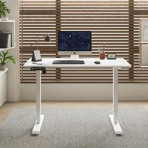 55 Inch Electric Height Adjustable Standing Desk Ultra Quiet Sit To Stand Work Table with computer and lamp in bright room
