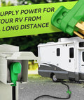 Extra Heavy Duty 50 Amp RV Extension Cord 25 Foot Length Featuring Hella Tough Build And Badass UV Resistant Design For Fifth Wheel Camper And Electric Vehicle Power Needs, green plug connected to RV power pedestal.