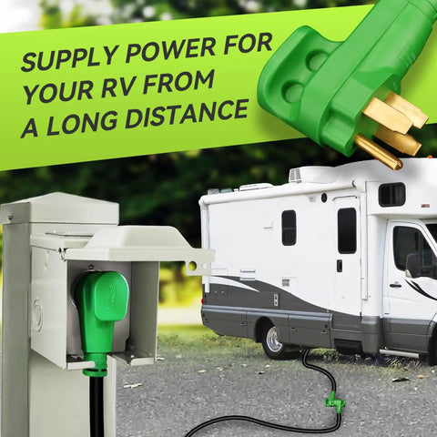 Extra Heavy Duty 50 Amp RV Extension Cord 25 Foot Length Featuring Hella Tough Build And Badass UV Resistant Design For Fifth Wheel Camper And Electric Vehicle Power Needs, green plug connected to RV power pedestal.