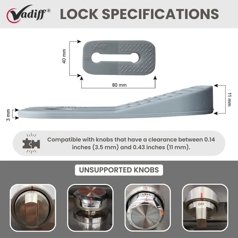 Kid Safe Stove Knob Locks For Gas And Electric Stoves Gray Silicone Safety Covers with size specifications and compatibility guide