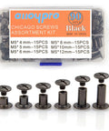 90 Piece Chicago Screws Kit In Gun Metal for DIY Leather Craft with 6 sizes of Phillips head screw rivets shown in box