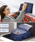 Dark blue DEVPNR rolling backpack for women with wheels and 17-inch laptop compartment, shown open to reveal interior.