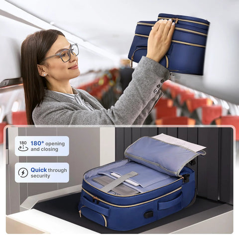 Dark blue DEVPNR rolling backpack for women with wheels and 17-inch laptop compartment, shown open to reveal interior.