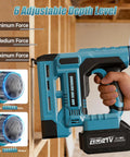 Badass Heavy Duty 18 Gauge Cordless Brad Nailer And Crown Stapler Combo With Fast Charger showing adjustable depth settings and battery.