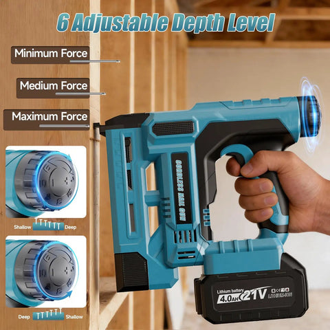 Badass Heavy Duty 18 Gauge Cordless Brad Nailer And Crown Stapler Combo With Fast Charger showing adjustable depth settings and battery.