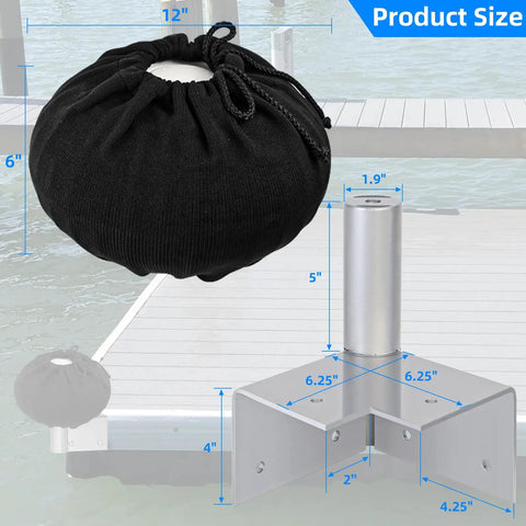 Dock Wheel Bumpers For Boats, Corner Mount Fender Covers shown with 12 inch size and heavy duty hardware on dock corner.
