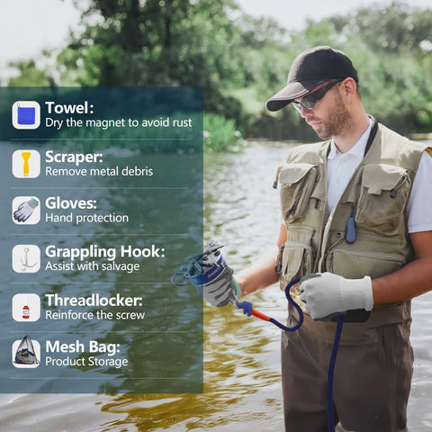 Man using Heavy-Duty Double-Side Magnetic Fishing Kit With 2200 Lb Pull Power by a river, holding magnet and rope, wearing gloves.