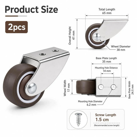 Hella Smooth Silent TPE Fixed Caster Wheels Two Pack Built Like Iron Black Nonmarking with measurements and mounting details.