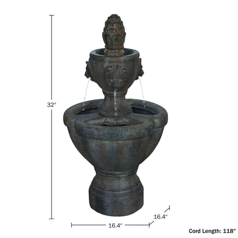2 Tier Outdoor Fountain In Polyresin With Lion Head Details And Realistic Stone Look Yard Art With Calming Water Sound For Patio Deck Lawn Or Garden Easy Setup And Low Maintenance