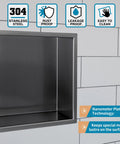 12x12 Inch Brushed Stainless Steel Shower Niche Recessed Caddy Bathroom Shelf Insert Fits 11x11 Wall Opening, Rustproof