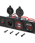 4 In 1 12V USB Panel With LED Voltmeter, Dual USB Charger Socket, Cigarette Lighter Socket, And Red LED Lighted Toggle Switch For Boat, Car, RV, Golf Cart, And ATV Power Hub For All Your Onboard Electronics And Lighting Needs black panel with caps, screws, and 12.1V display