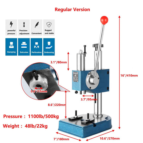 Heavy Duty Arbor Press Manual Benchtop Metalworking Beast Mode Auto Retract Crimp Stamp Bend Tool with dimensions and pressure specs.