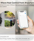 Person holding phone showing Z Wave 800 Series Outdoor Smart Plug With On Off Switch IP65 Weatherproof Rugged Repeater setup app
