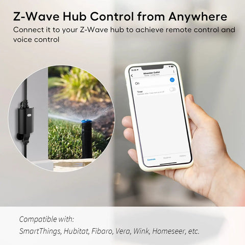 Person holding phone showing Z Wave 800 Series Outdoor Smart Plug With On Off Switch IP65 Weatherproof Rugged Repeater setup app