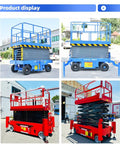 High Reach Lift Platform With Smooth Vertical Movement And Mobile Frame Built For Installation Equipment Maintenance And Material Handling Pro Grade And Reliable in red and blue models displayed outdoors