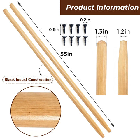 Beefy 55-Inch Black Locust Shovel Handle Replacement, wooden handle with screws, 1.4 inch diameter, 2 pack, product details visible