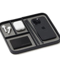 Pebble Black Vegan Leather Valet Tray For Nightstand, 9.5 By 7.9 Inch Medium Catchall Organizer with phone and accessories