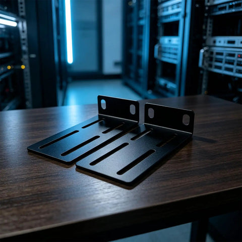 Rock Solid 1U Adjustable Rack Mount Pair For 19 Inch Server Cabinets Heavy Duty Steel Brackets with slotted ears on table.