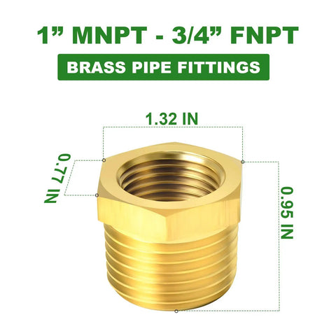 Brass Pipe Fitting Reducer Kit One Inch NPT Male To Three Quarter Inch NPT Female Adapter Hex Bushing with dimensions