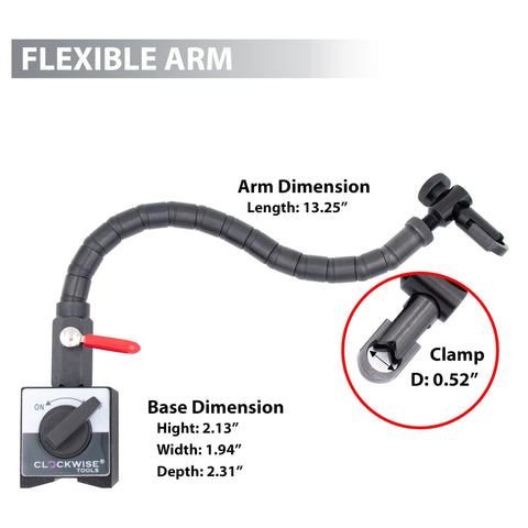 Clockwise Tools MGBR-04 black magnetic base with flexible arm for dial indicators, 176 lb pull