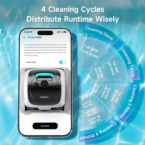 Cordless 4 In 1 Pool Cleaner image showing app-controlled cleaning cycles for inground and above ground pools up to 1614 sq ft.