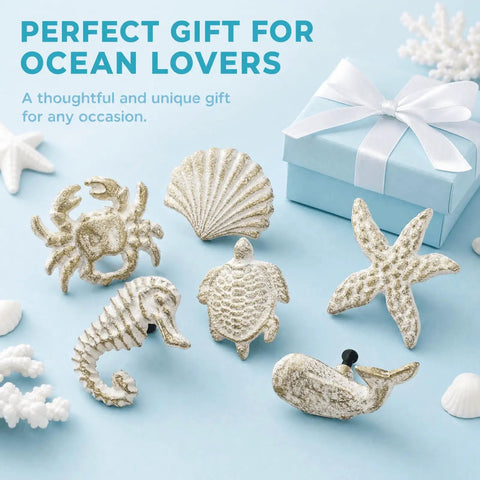 Six Ocean Themed Cabinet Knobs Set With Cast Iron Drawer Pulls For Dresser And Cupboard Includes Screws Coastal Decor With A Beachy Vibe Featuring Turtle Whale Seahorse Starfish Crab And Scallop Details Durable And Easy To Install, gift set