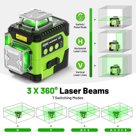 Self Leveling Laser Level With LCD Display And Rechargeable Battery, Three 360 Degree High Brightness Beams For Construction And Picture Hanging, Pro Grade Tool For DIYers, Includes Magnetic Bracket And Hard Carry Case Y03CG showing 3x360° green lines