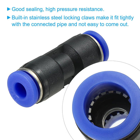 Close-up of 3/16 Inch Push To Connect Air Hose Fittings Kit, showing blue plastic straight union coupler with secure locking claws