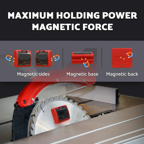 Rock Solid Heavy Duty Magnetic Digital Angle Finder Featuring A Slick Extra Large Auto Invert Lcd Display For Dang Precise Leveling and Easy Shop Job Tracking with magnetic sides and base.