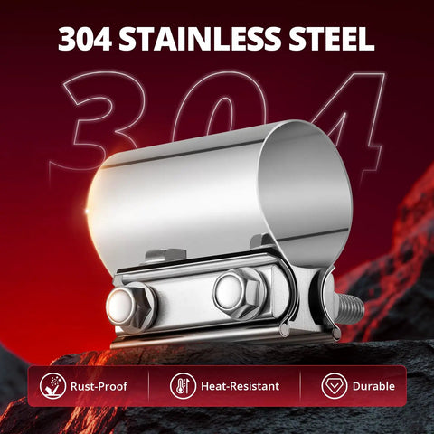 Two Inch Exhaust Clamp Butt Joint Band Sleeve Connector Stainless Steel for Pipes Mufflers Catalytic Converters Easy Install