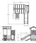 Dimension diagram of Woodland Adventure Playhouse With Slide And Swings Outdoor Kids Playset For Backyard Storage Drawer Durable Wood And Plastic Construction Jungle Gym Style Playground For Ages 3 To 8.