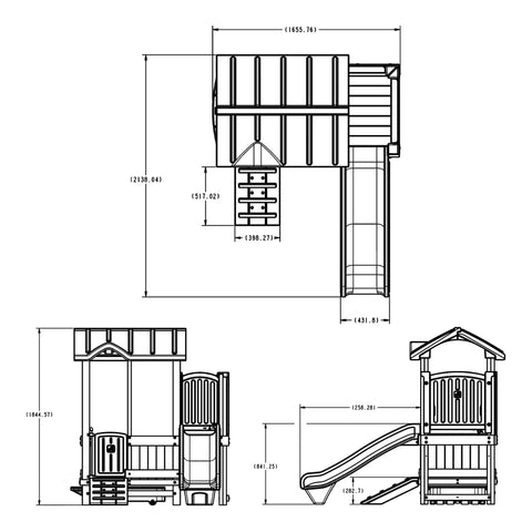 Dimension diagram of Woodland Adventure Playhouse With Slide And Swings Outdoor Kids Playset For Backyard Storage Drawer Durable Wood And Plastic Construction Jungle Gym Style Playground For Ages 3 To 8.