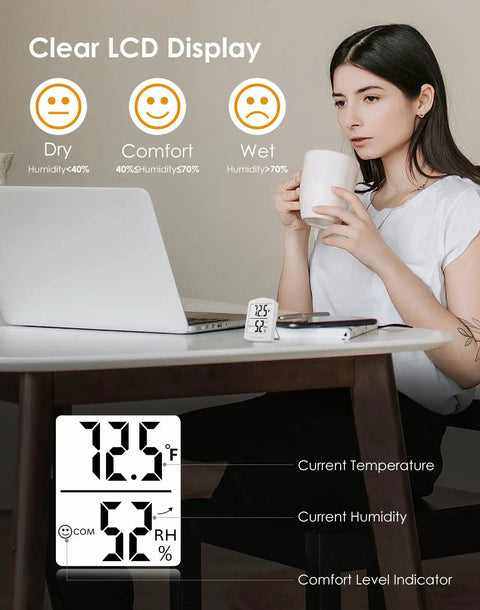Smart Indoor Hygrometer Digital Thermometer With Quick 3 Second Refresh Humidity Meter With Comfort Indicator on table