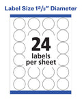 Slick Round Printable Labels 1 2/3 Inch Matte White 600 Count sheet showing 24 labels per sheet for easy printing.